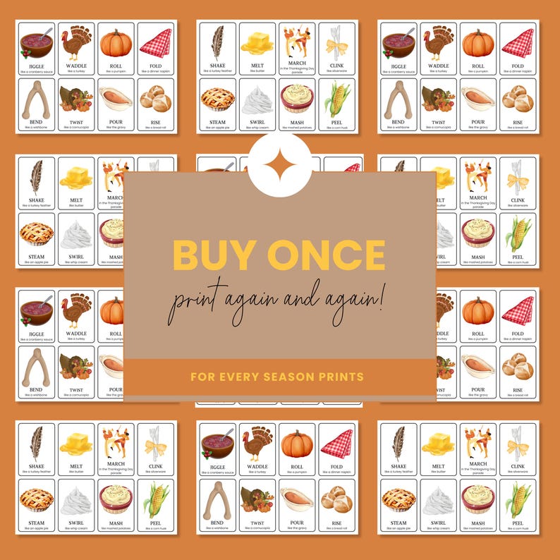 May include: Thanksgiving-themed flashcards with illustrations of food and holiday symbols. Each card features a word and corresponding image, including a turkey, pumpkin, and pie. The text "BUY ONCE print again and again!" is also visible.
