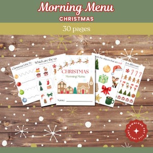 May include: A printable Christmas-themed activity book with 30 pages of activities for kids. The cover features a gingerbread house and the text "Christmas Morning Menu".