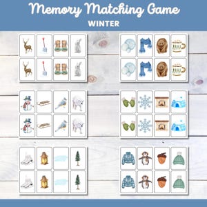 Juego de memoria de invierno, tarjetas de memoria, tarjetas didácticas para niños, actividad de emparejamiento, emparejamiento preescolar, tarjetas didácticas para niños, tarjetas de clasificación