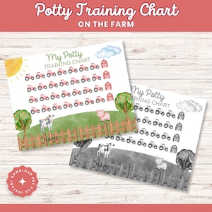 May include: Two printable potty training charts featuring a farm theme. The first chart is in color and features a pink tractor, a cow, a pig, and a barn. The second chart is in black and white and features a gray tractor, a cow, a pig, and a barn. Both charts have a space for a name.