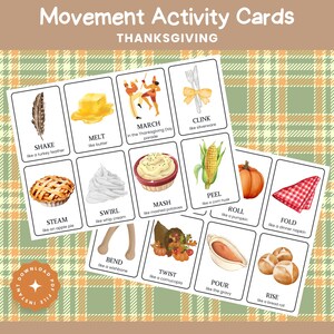 May include: Thanksgiving-themed movement activity cards. Each card features a watercolor illustration and a corresponding action, such as "shake like a turkey feather" or "melt like butter." The cards are set against a plaid background.