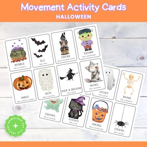 May include: Halloween-themed movement activity cards. Each card features a watercolor illustration and a corresponding action, such as "Bubble like a cauldron" or "Shake like a skeleton." The cards are designed for interactive play.