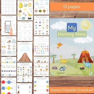 May include: A printable activity book for kids featuring a colorful illustration of a dinosaur and a volcano. The book includes 51 pages of activities such as counting, tracing, and color mixing. The book is titled "My Morning Menu".