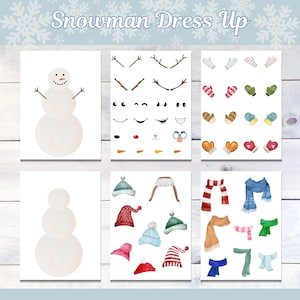 Pode incluir: Uma atividade de vestir boneco de neve imprimível com seis cartões. Os cartões apresentam um boneco de neve, diferentes características faciais, chapéus, cachecóis, luvas e mitenes. Os cartões estão em um fundo branco com um padrão de grão de madeira.