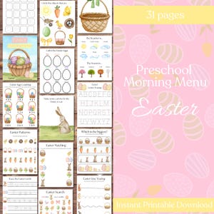 May include: A printable Easter preschool morning menu with 31 pages of activities. The pages feature a variety of activities, including coloring, counting, tracing, and matching. The pages are decorated with a pastel pink background and images of Easter eggs, bunnies, and baskets.