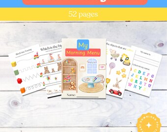 May include: A colorful printable workbook for preschoolers with 52 pages of activities. The cover features a cartoon illustration of a child's room with a bookshelf, a table, and a rug. The title "My Morning Menu" is written in a playful font.