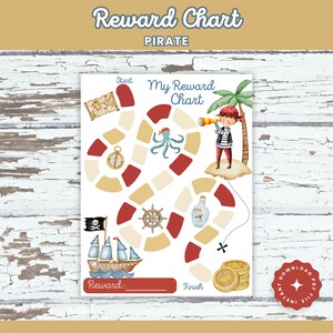 May include: A printable pirate-themed reward chart with a game board featuring a compass, an octopus, a bottle, a ship, and a treasure chest. The chart has a space for a reward and says "My Reward Chart" at the top.