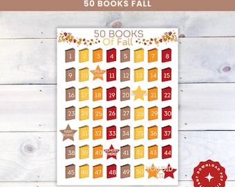 Puede incluir: Un rastreador de libros imprimible con el texto "Book Tracker 50 Books Fall". El diseño presenta 50 iconos de libros numerados en tonos de marrón, amarillo y rojo, con acentos en forma de estrella. Incluye las palabras "Great Job", "Keep Going", "Almost There" y "You Did It".
