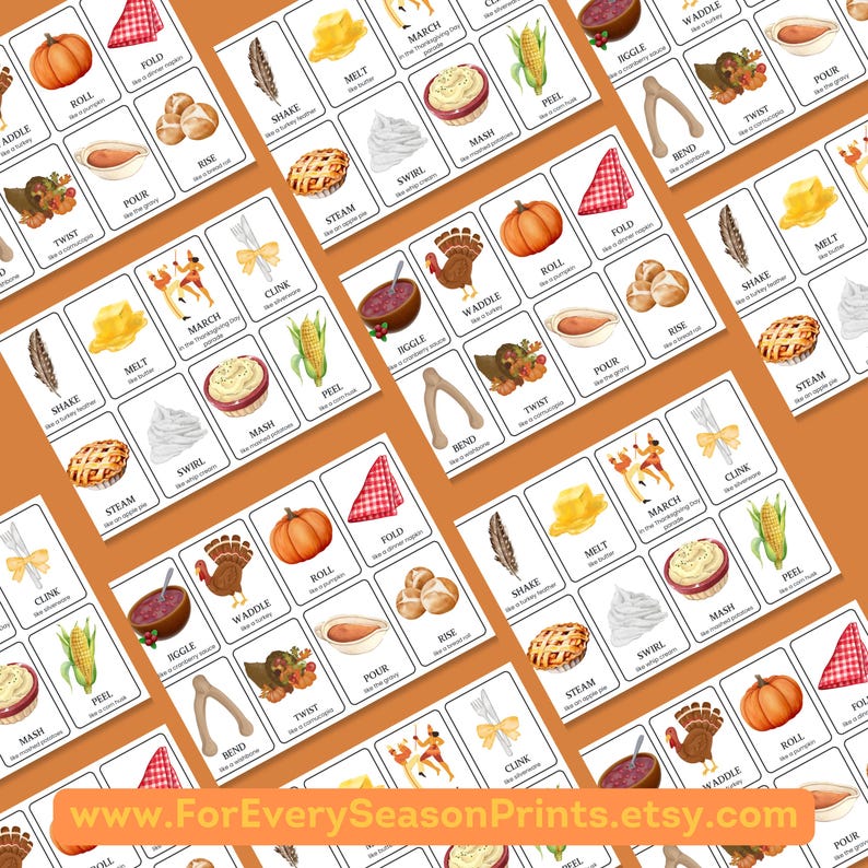 May include: Thanksgiving-themed flashcards with illustrations of food and activities. Each card features a word and a corresponding image, such as "Roll" with a pumpkin and "Mash" with mashed potatoes. The website address www.ForEverySeasonPrints.etsy.com is visible.