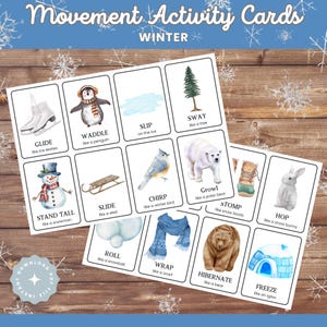 Cartões de movimento de inverno para crianças, Flashcards de atividade motora bruta pré-escolar, Cartões de ação de inverno para impressão, educação domiciliar, atividade de hora do círculo