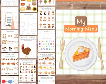Thanksgiving/Fall Preschool Morning Menu, Toddler Busy Book (Digital Download)