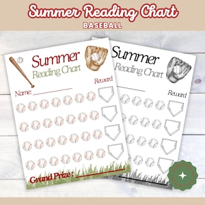 May include: A printable summer reading chart for children featuring a baseball theme. The chart has a baseball glove, bat, and baseballs. It includes spaces for the child's name, a grand prize, and a reward.
