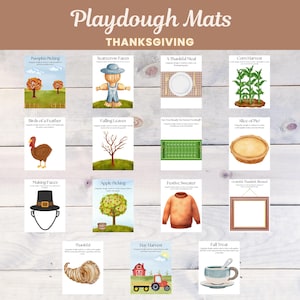 May include: A collection of Thanksgiving-themed playdough mats. Each mat features a watercolor illustration, including a scarecrow, corn, a turkey, a football field, a pie, a sweater, and a cornucopia. The mats are designed for children.