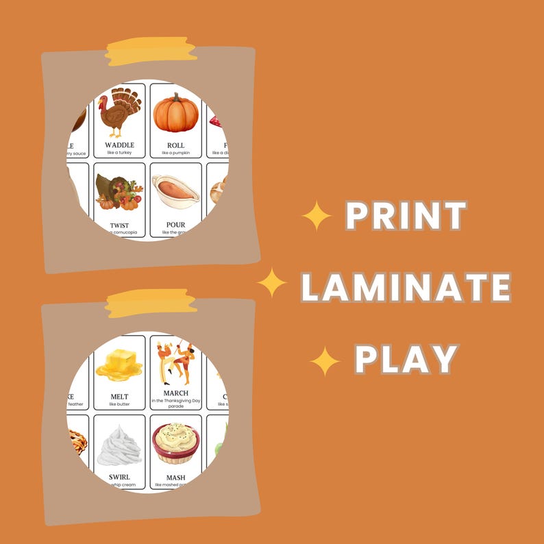 May include: Thanksgiving-themed educational cards with illustrations of a turkey, pumpkin, and other holiday elements. The cards are displayed in a circular cutout, with the words "PRINT, LAMINATE, PLAY" in white text.
