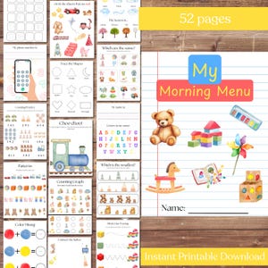 May include: A printable activity book for children with a watercolor illustration of a teddy bear, building blocks, a rocking horse, a book, and a pinwheel. The book is titled "My Morning Menu" and has 52 pages. The text "Instant Printable Download" is at the bottom of the page.