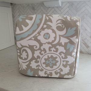 KitchenAid mixer cover, piped mixer cover, designer KitchenAid cover, blue and khaki