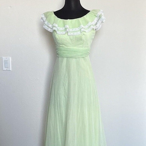 Vintage 70s Prairie Dress XS Union Made Apple Green Swiss Dot Ruffled Sheer Prom