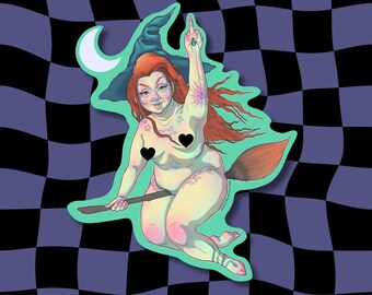 May include: A sticker featuring a red-haired figure wearing a dark blue witch hat and riding a brown broomstick. The figure has black heart-shaped pasties, a spider tattoo on their finger, and a crescent moon behind them, all on a wavy checkerboard background.
