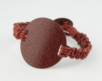 Enameled Copper and Leather Bracelet-Red