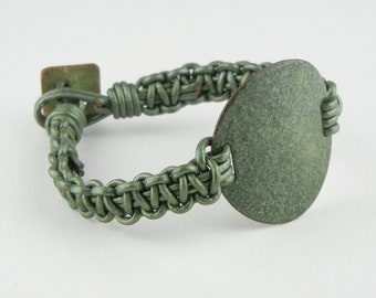 Enameled Copper and Leather Bracelet- green