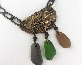 Bronze and Beach Stones Necklace, ON SALE