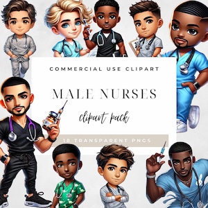 May include: A digital clipart pack featuring cartoon illustrations of male nurses in various poses. The image includes the text "COMMERCIAL USE CLIPART", "MALE NURSES", "clipart pack", and "18 TRANSPARENT PNGS". The nurses are depicted with stethoscopes and medical supplies.