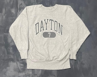 Moletom vintage Dayton 7 Reverse Weave masculino tamanho G cinza, década de 90, Champion