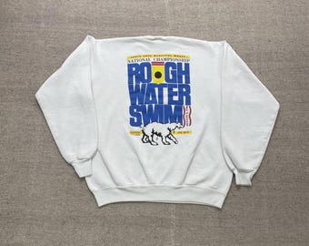 Vintag Rough Water Swim nationaal kampioenschap sweatshirt heren Large, wit jaren 90
