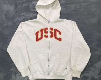 Moletom vintage da USC, tamanho médio masculino, branco, década de 1990, Universidade da Carolina do Sul, Russell