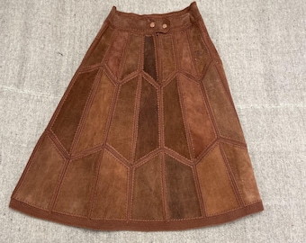 Falda de cuero estilo boho vintage para mujer, talla 13x28, color marrón, estilo patchwork boho de los años 70.