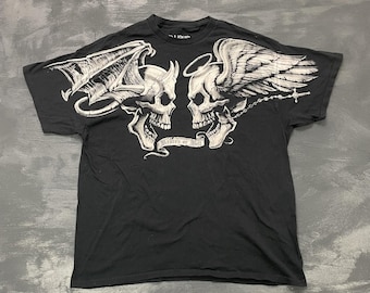 Camiseta vintage Heaven and Hell Skulls para hombre, talla XL, negra, años 2000, Y2K, azul líquido