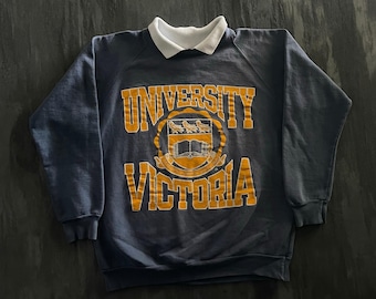 Vintage Universität of Victoria Sweatshirt Herren L Blau 1990s Balboa Polo-Kragen