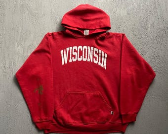 Vintage Wisconsin Badgers Hoodie Mens XL Red 2000s Russell athletic Pullover