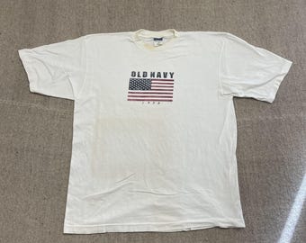 Camisa vintage Old Navy com bandeira americana, tamanho XL, branca, anos 90.