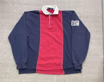 Vintage Nautica-poloshirt met lange mouwen heren, grote rode jaren 90-ritssluiting