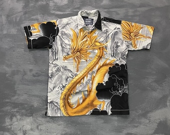 Camisa vintage Golden Dragon masculina tamanho M branca anos 90 com costura simples
