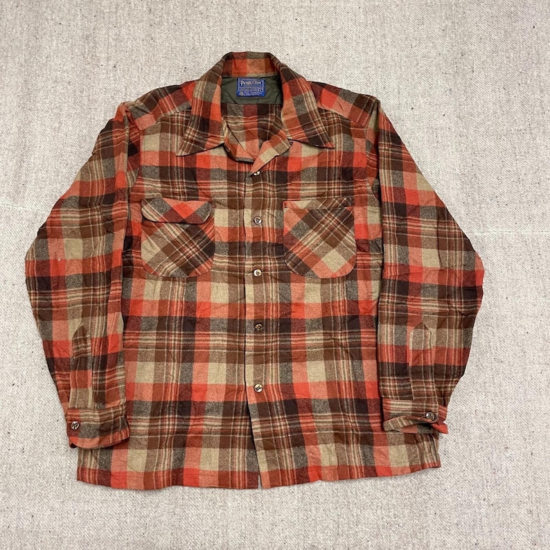 Vintage Pendleton Wool button up shirt mens large orange 1970s plaid image 1