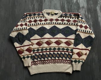 Suéter de punto geométrico vintage estilo suroeste para hombre, talla M, blanco, años 90, St Johns Bay