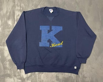 Vintage Kent Grafik Rundhals-Sweatshirt Herren XL Navy Blau 90er Jahre Russel Athletic