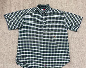 Vintage Tommy Hilfiger Button Up shirt mens Medium plaid green 1990 short sleeve