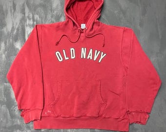 Moletom com capuz vintage desgastado, tamanho XL, vermelho, Old Navy, anos 2000.