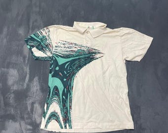 Vintage Polo Shirt Medium White 90s Excellent Abstract Graphic Kawasaki