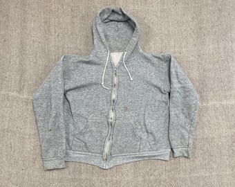 Moletom vintage com zíper e capuz, masculino, tamanho pequeno, cinza, anos 1960, liso.