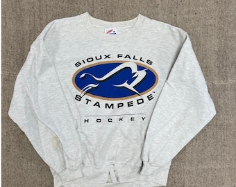 Moletom vintage Sioux Falls Stampede masculino tamanho médio cinza anos 90 hóquei