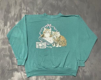Vintage Kitten Graphic Sweatshirt Unisex XL Teal 1990s Morning Sun