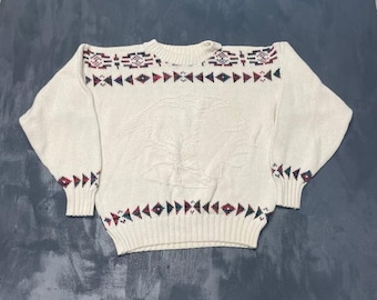 Suéter vintage Lands End talla L color crema de los años 90. Excelente estado, estilo suroeste, fabricado en EE. UU.