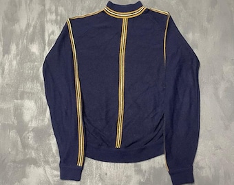Vintage Sears Striped Mock Neck Sweater Mens Large Navy Blue 1970s Kings Road