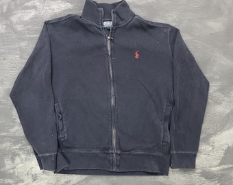 Moletom vintage Polo Ralph Lauren com zíper, tamanho médio masculino, azul, anos 1990.