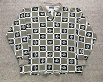Vintage KHAN JEAN geruit golfpoloshirt met lange mouwen heren 2XL bruin jaren 90