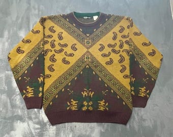 Vintage Paisley Geometric Exigence Sweater Medium brown 90s Excellent